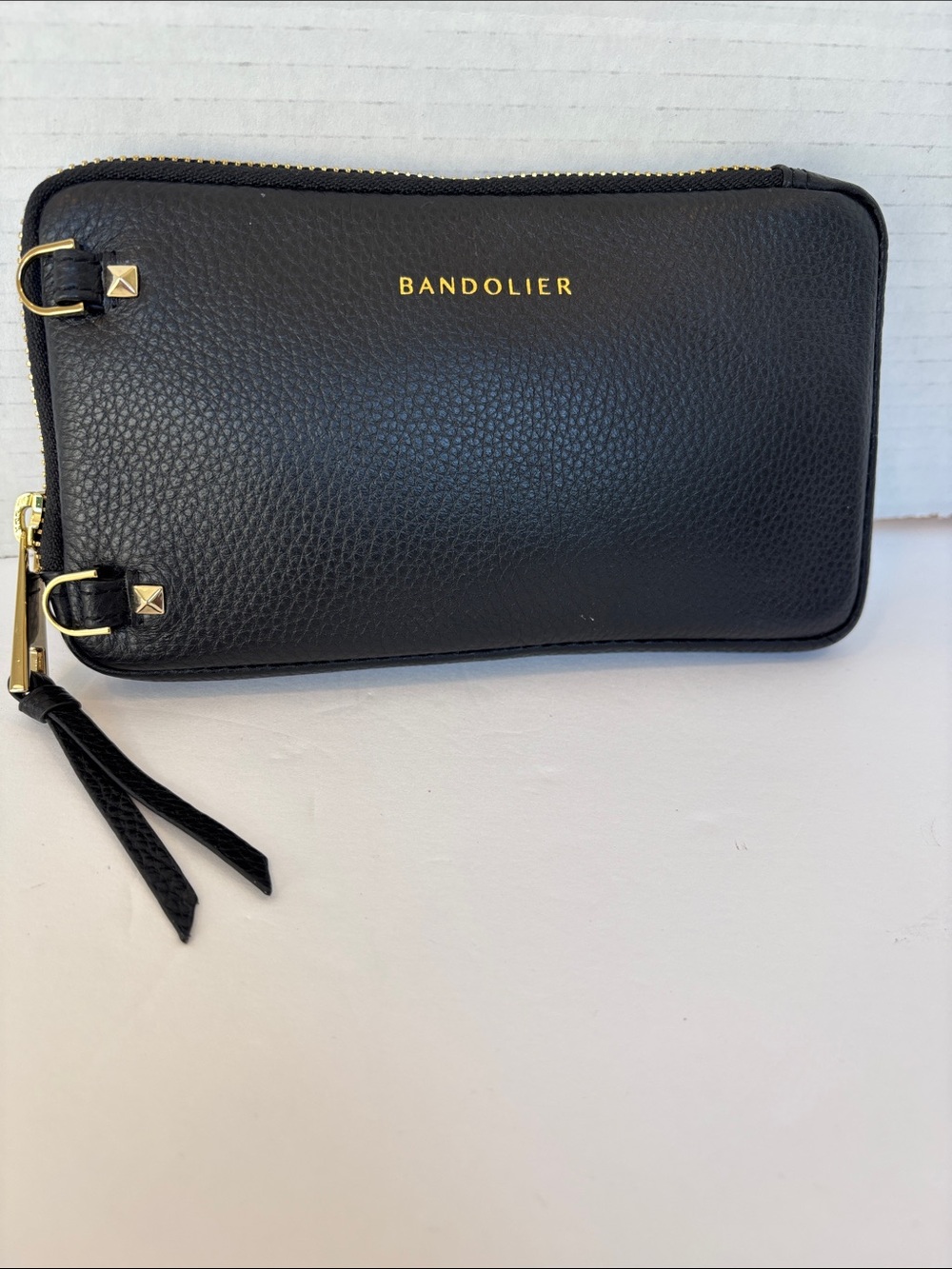 Bandolier Black Pebbled Leather Zip Wallet with Gold Accents